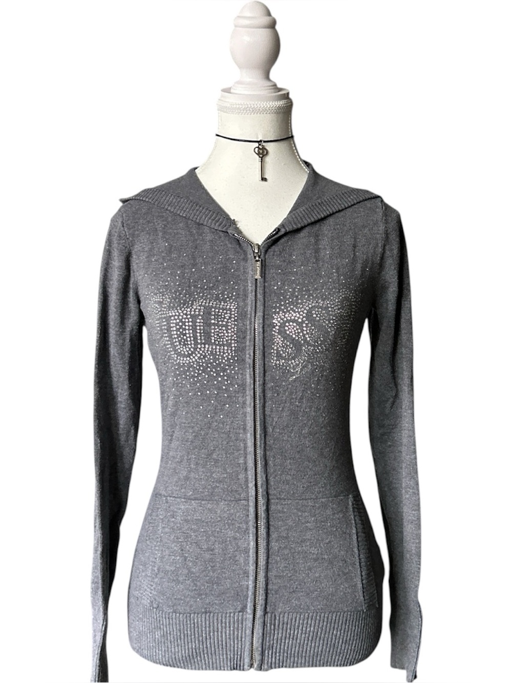 Y2K “GUESS” Basic Gray Rhinestone Logo Style Zip-up Hoodie Sweater